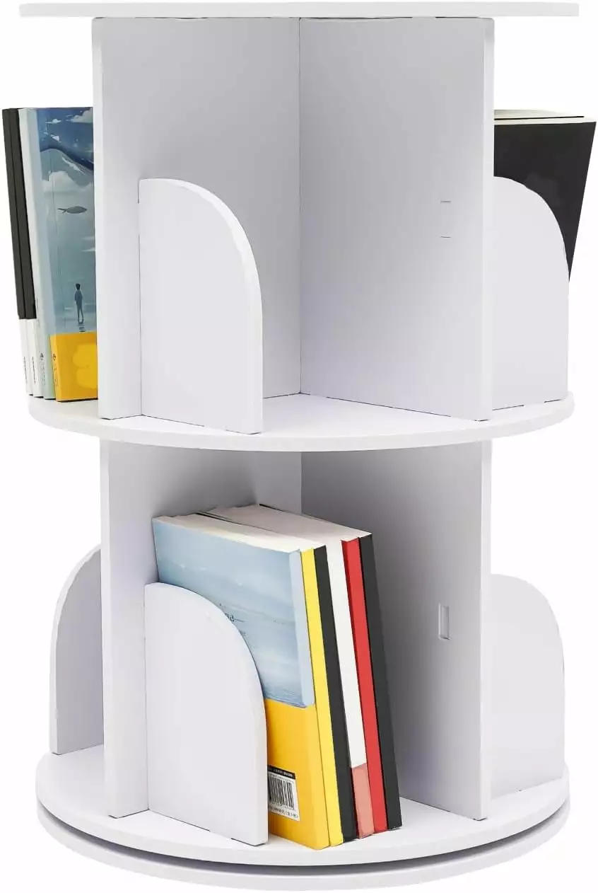 2-Tier Rotating Bookshelf Round Spinning Bookcase Kids Adults - PVC Wood Plastic Board SABUIDDS