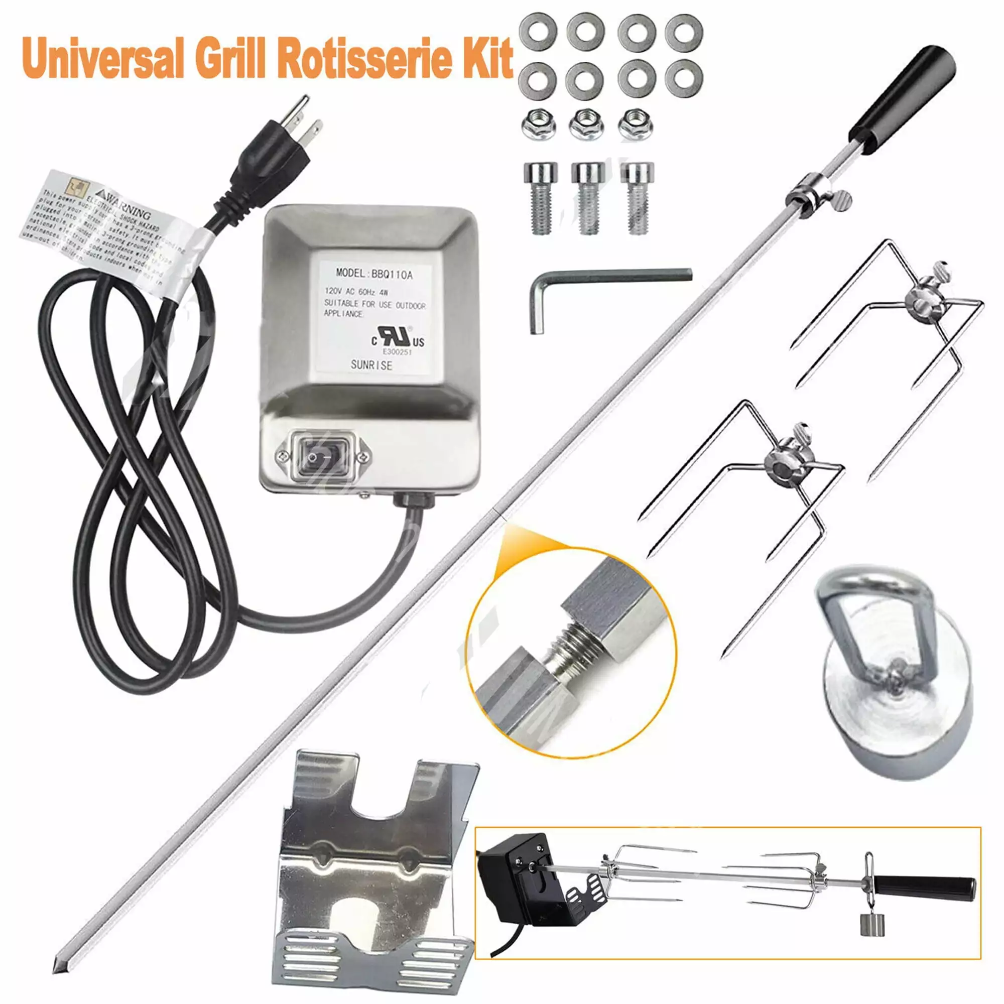 SHCKE Heavy Duty Stainless Universal Grill Rotisserie Kit Electric Motor