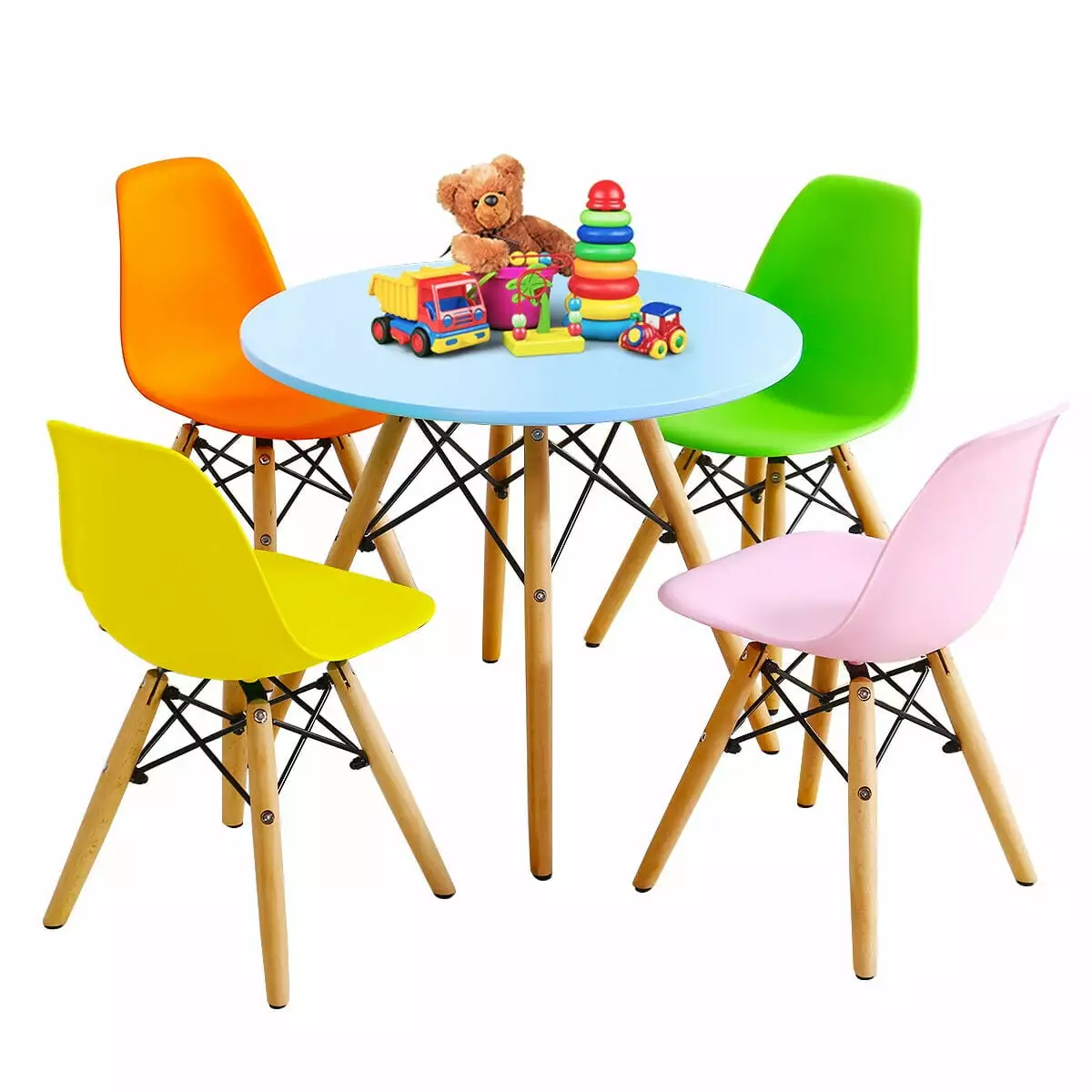 Gymax 5 PC Kids Colorful Round Table Chair Set 4 Armless Chairs