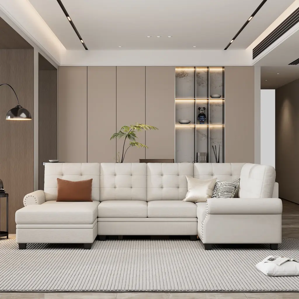 120 Modern U-Shaped Corner Sectional Sofa Upholstered Linen Fabric - Beige Living Room Couch Ghislaine