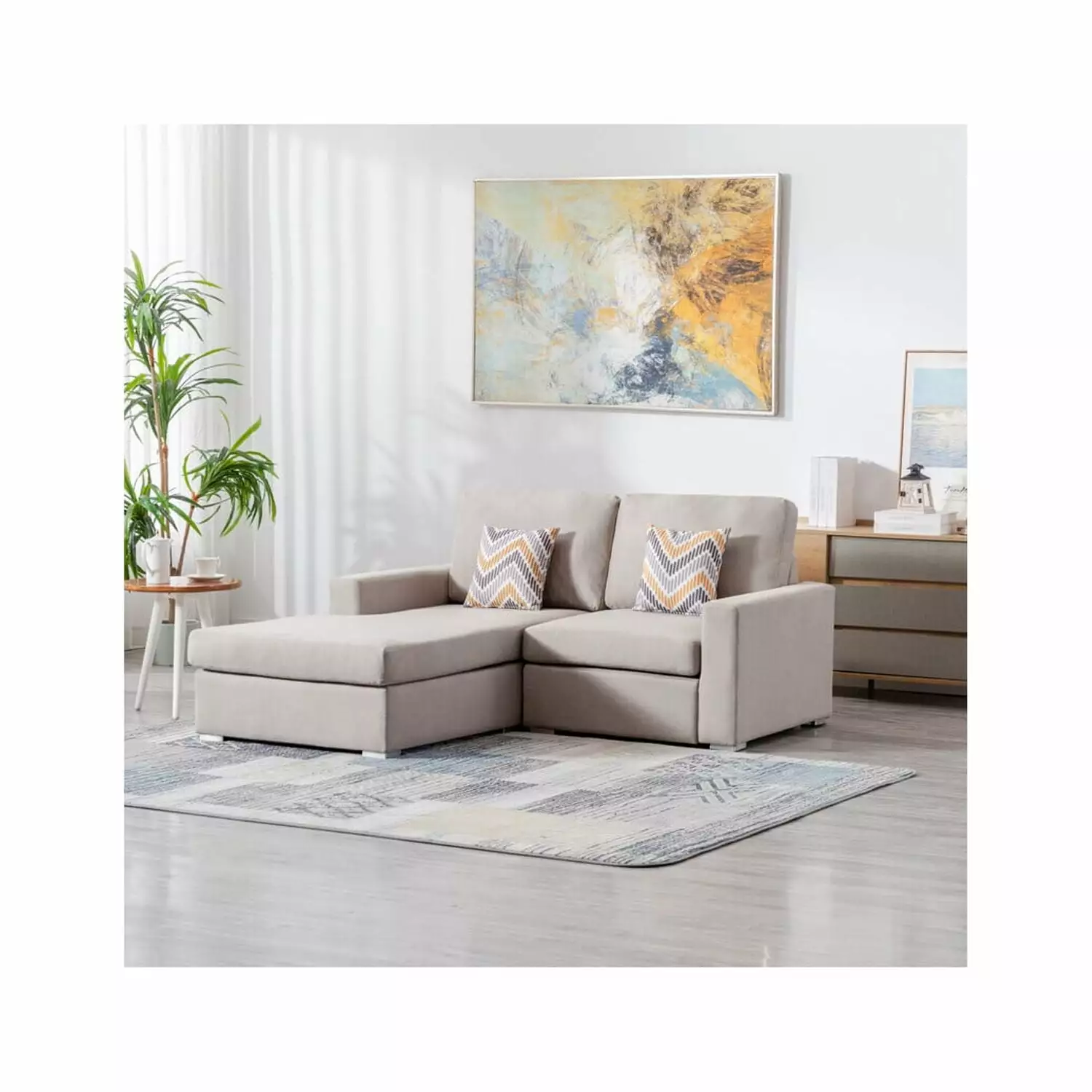 Maykoosh African Artistry Beige Linen Fabric 2-Seater Reversible Sofa Chaise Pillows Chaise