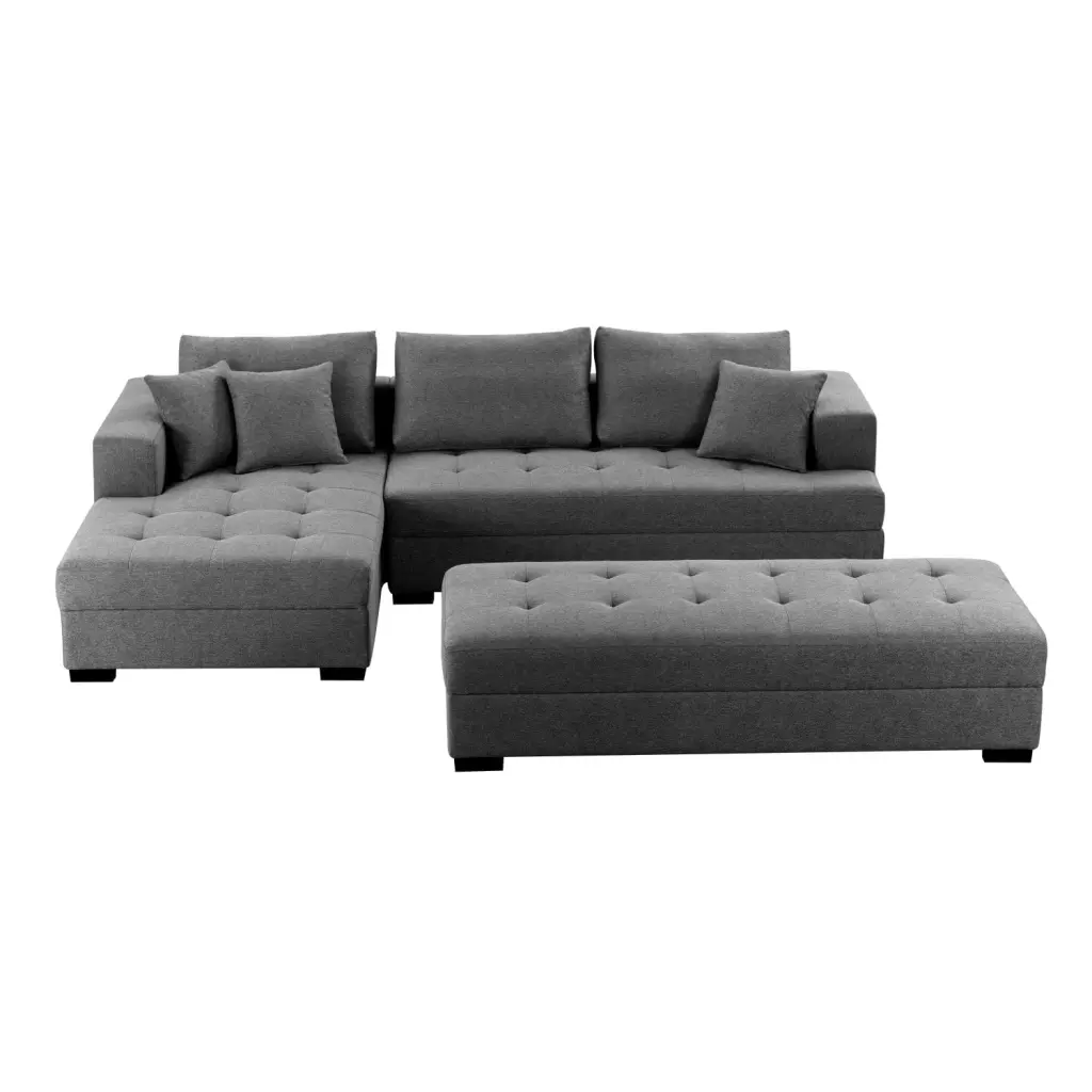 Spacious Dark Grey Fabric Sectional Sofa - 144'' Wide Reversible L-Shaped Design Ottoman Ponnky