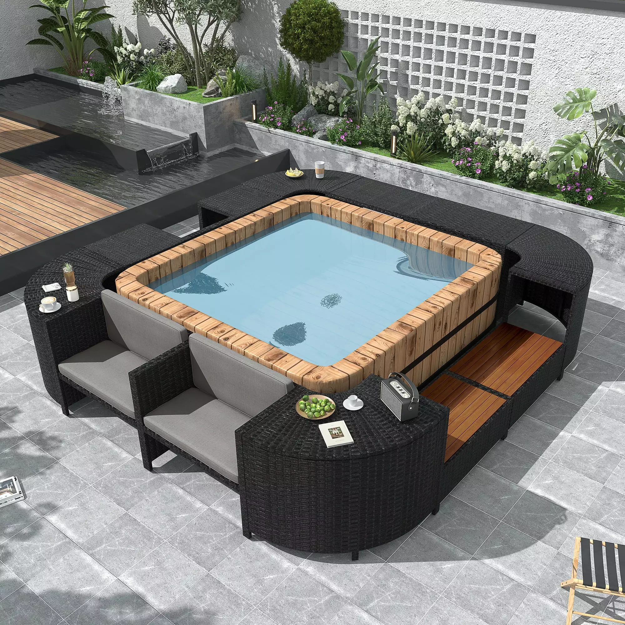 Square Hot Tub Surround Furniture Set Gray Cushions and Acacia Wood Frame