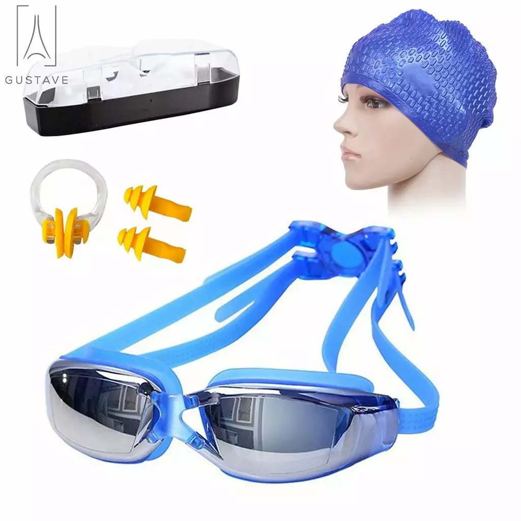 Gustave Swimming Goggles and Cap Set Anti-Slip Anti-Fog Adults Men Women Youth Blue