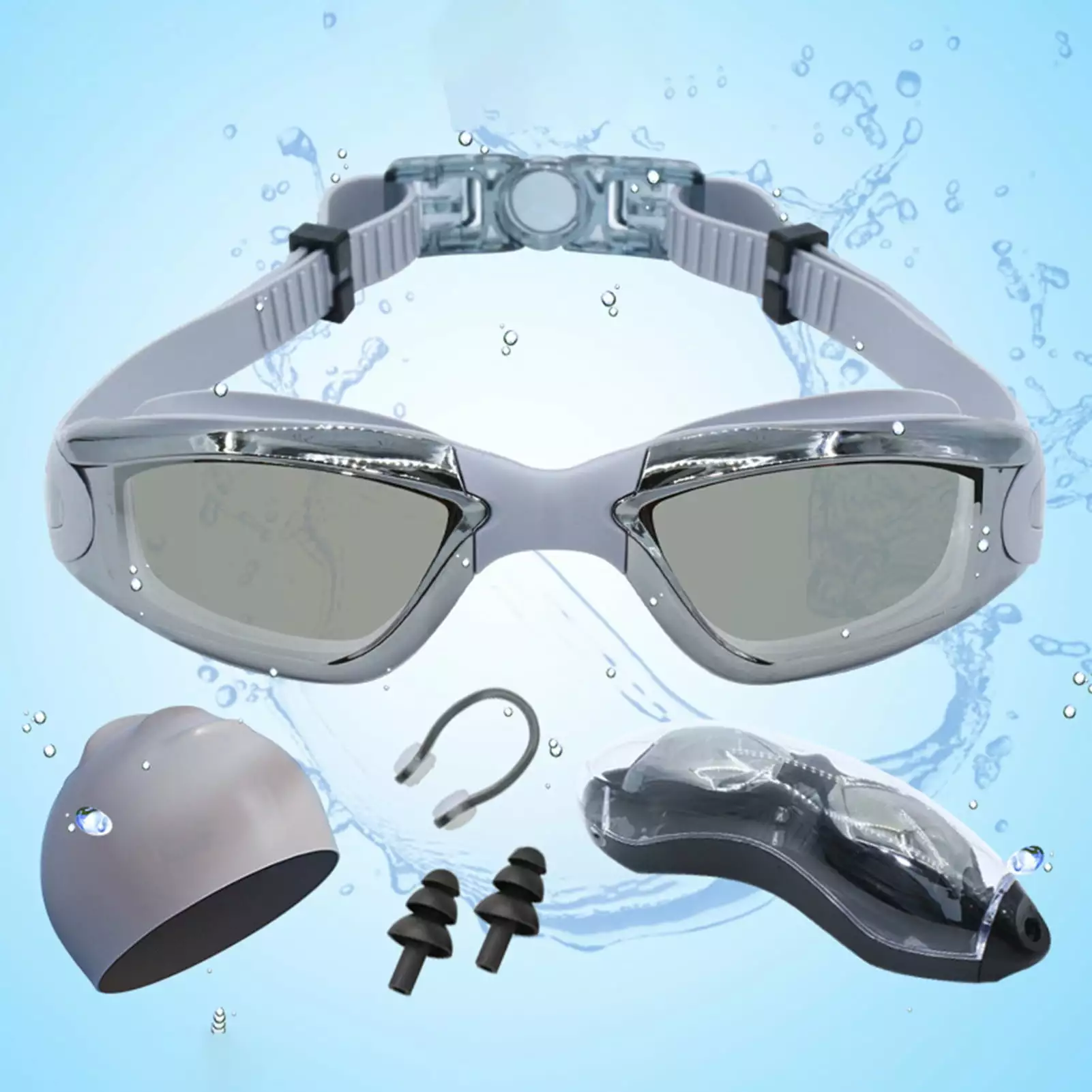Hariumiu Adult Swimming Goggles Set Hat Nose Clips Ear Plugs Anti-Fog Pool Beach
