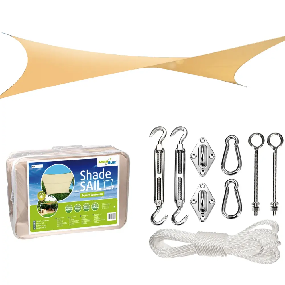 GreenBlue UV garden shade sail, easy-care fabric, 5m square, cream + mounting kit