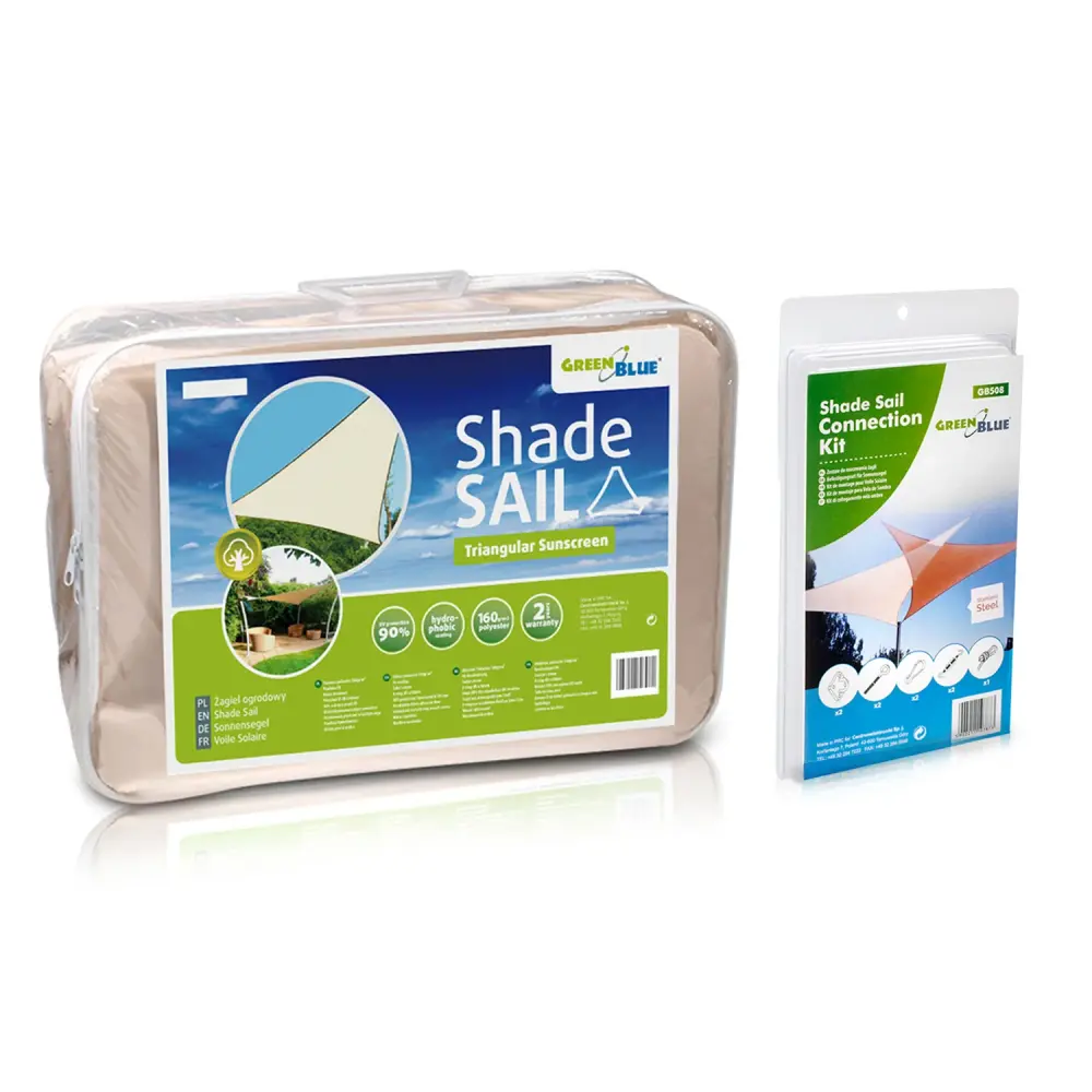 GreenBlue Wrinkle-resistant UV Garden Shade Sail, 3.6m Triangle, Cream Color, Hydrophobic Surface, Model GB500 + GB508