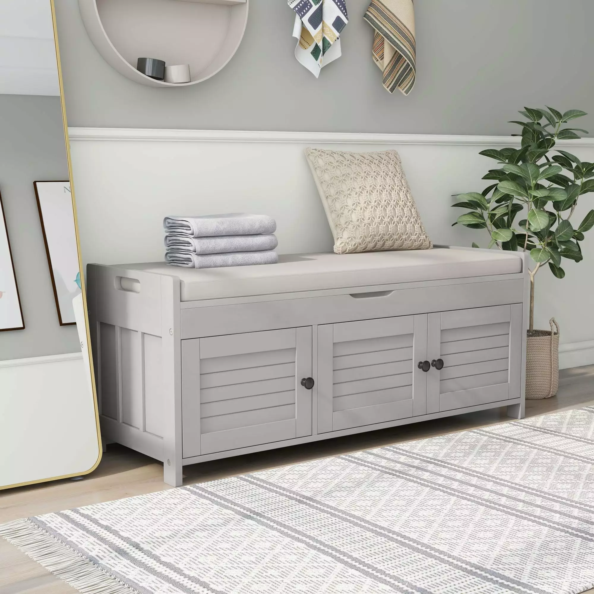 TREXM Storage Bench 3 Shutter-shaped Doors - Gray Wash Shoe Bench Benches Ghislaine