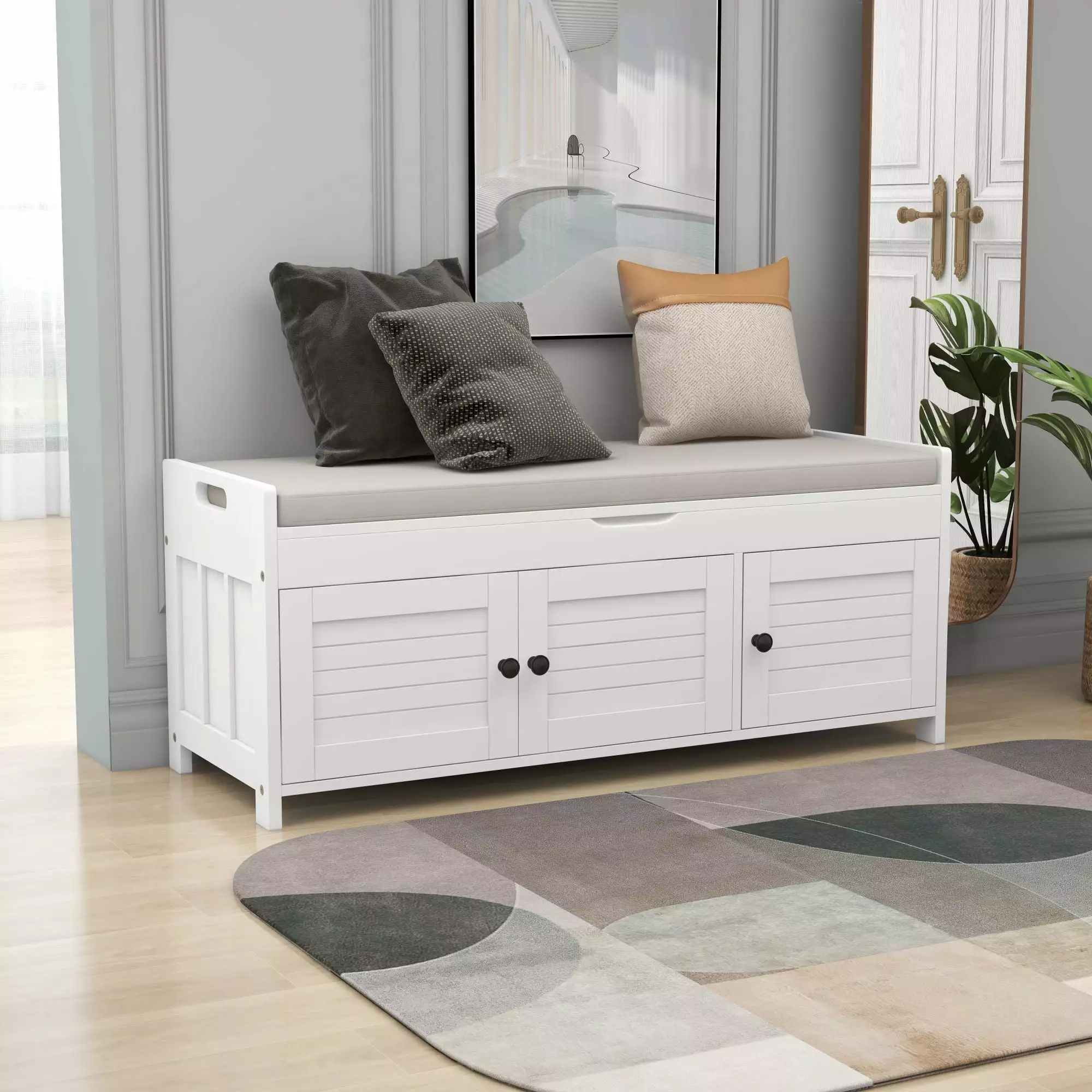 TREXM Storage Bench 3 Shutter-shaped Doors - White Shoe Bench Benches Ghislaine