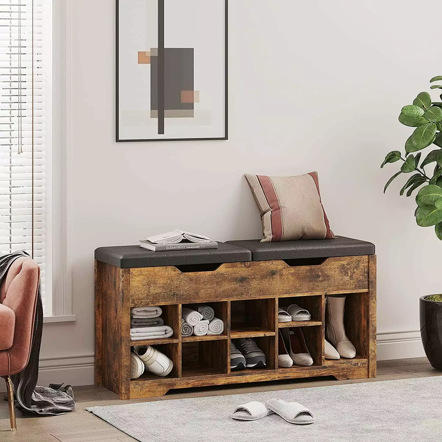 Shoe Bench Cushion and Hidden Drawers Entryway Storage Bench Adjustable Shelves Rustic Brown Benches OTMCOOUCH