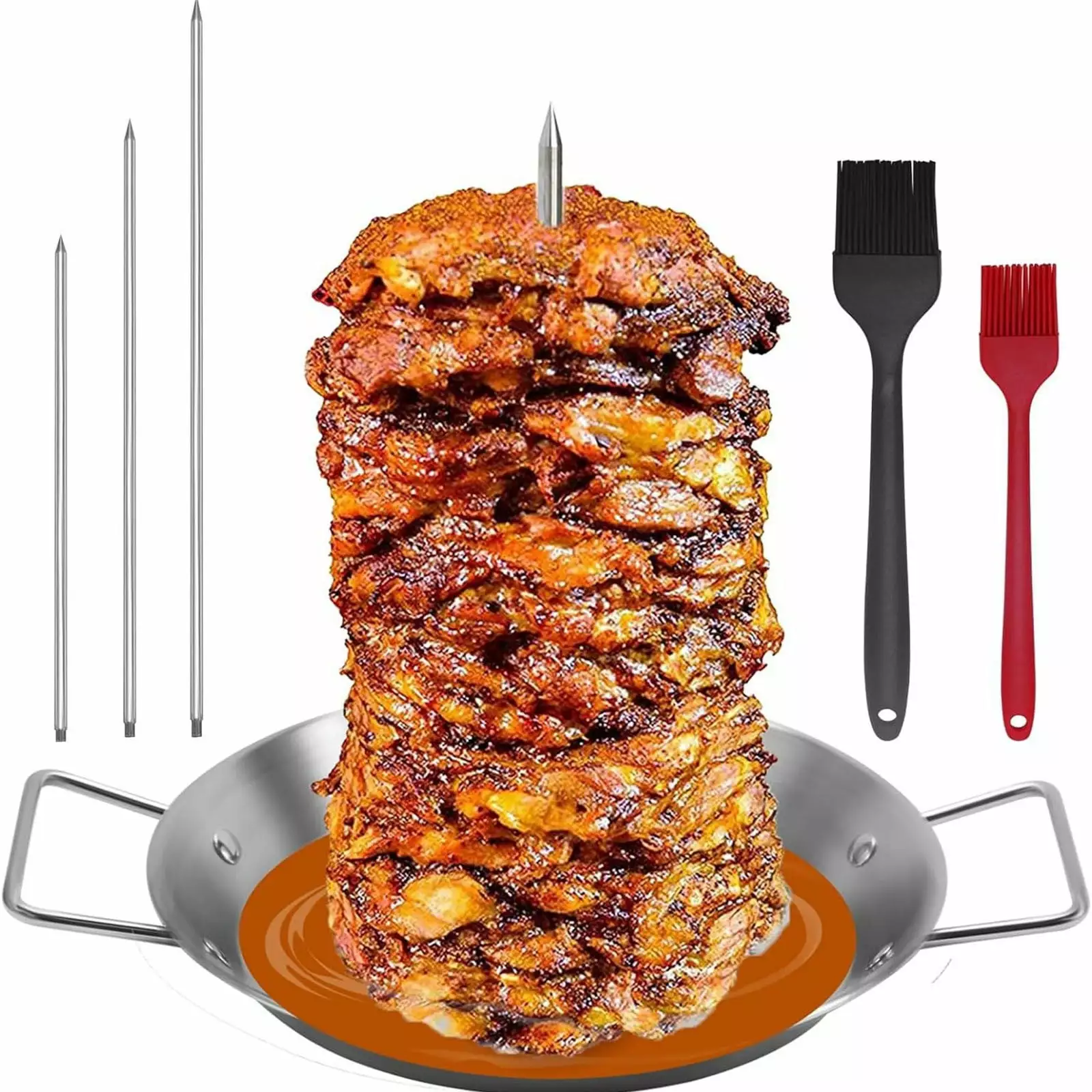 Stainless Steel BBQ Vertical Skewer Grill 2 Oil Brushes & 3 Replacement Spikes Whole Chicken Fish Sausage Steak GSKKLQ