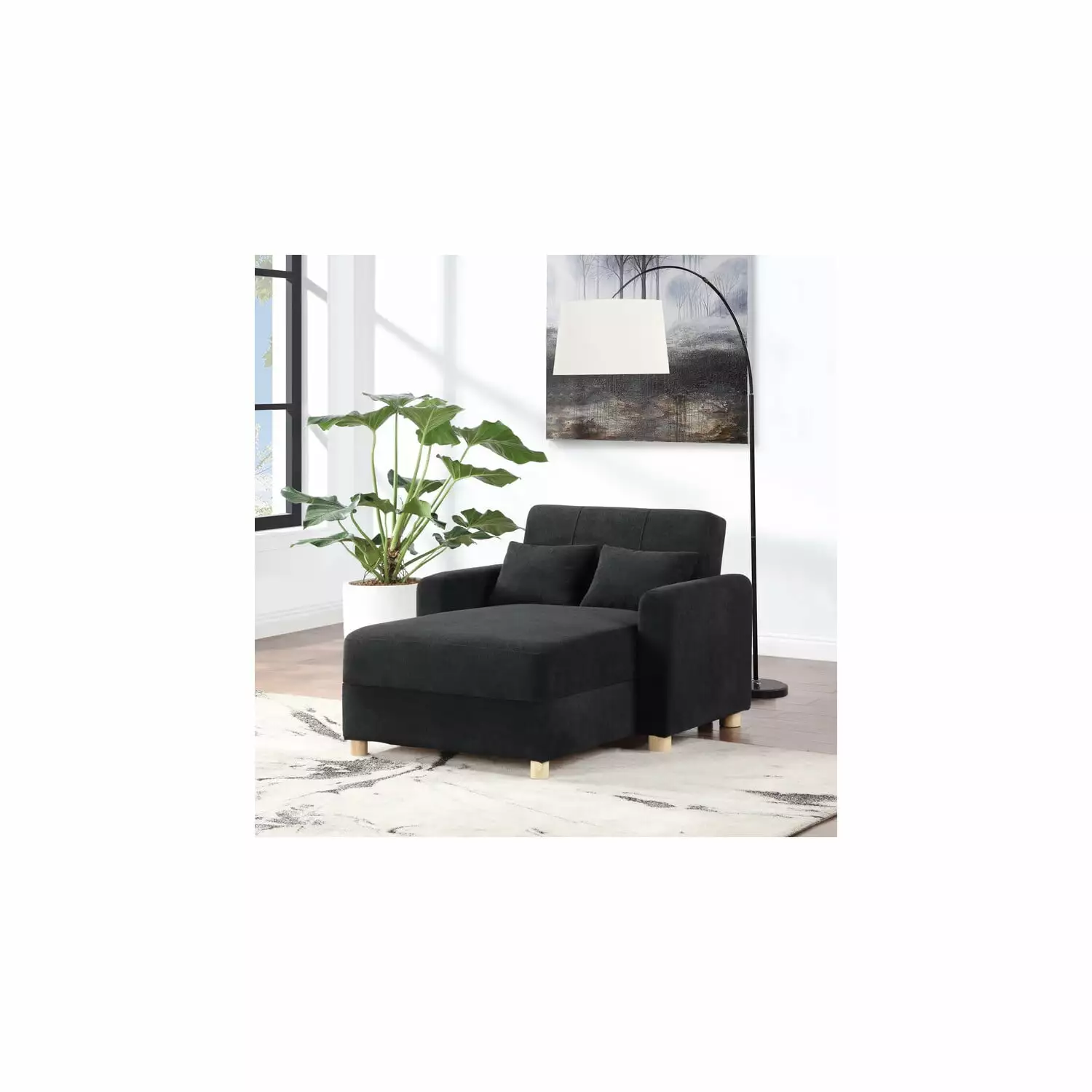 Thomas 42.5W Black Fabric Convertible Sleeper Chaise Lounge Chair Storage Chaise Lilola Home