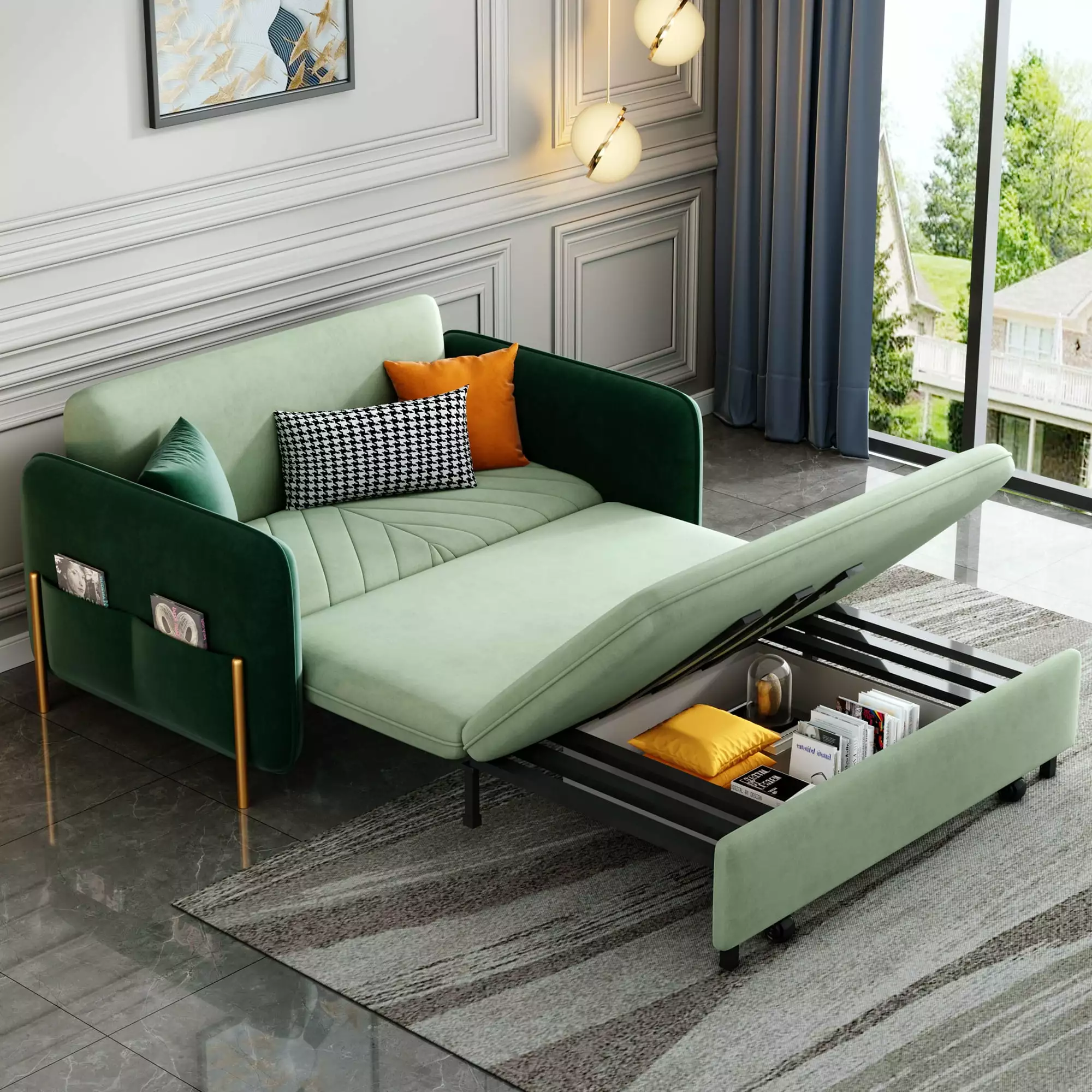 53.5 Full Sleeper Sofa Green Upholstered Convertible Sofa Bed 3 1 Multi-Pockets Futons Comfor u