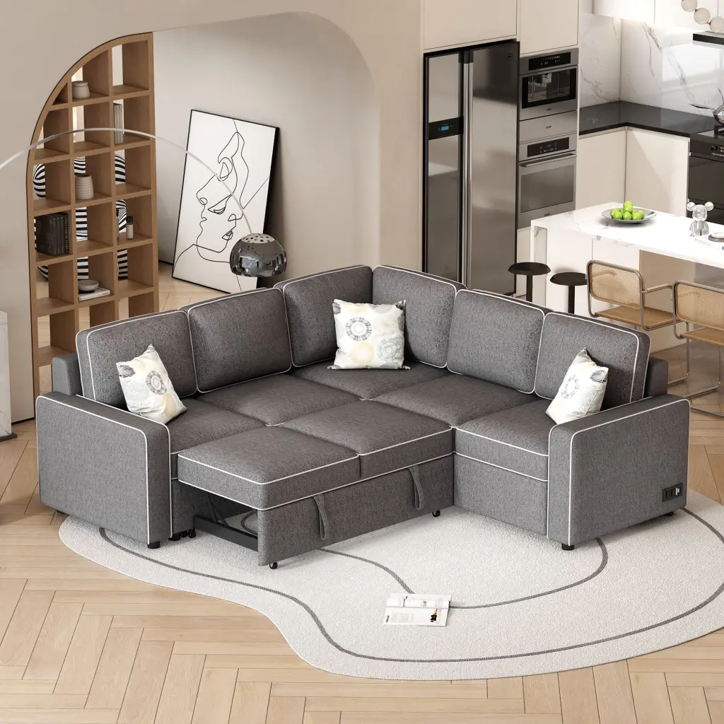 83 L-Shaped Pull Out Sofa Bed Modern Convertible Sleeper Sofa USB Ports and Power Sockets - Brown Ghislaine