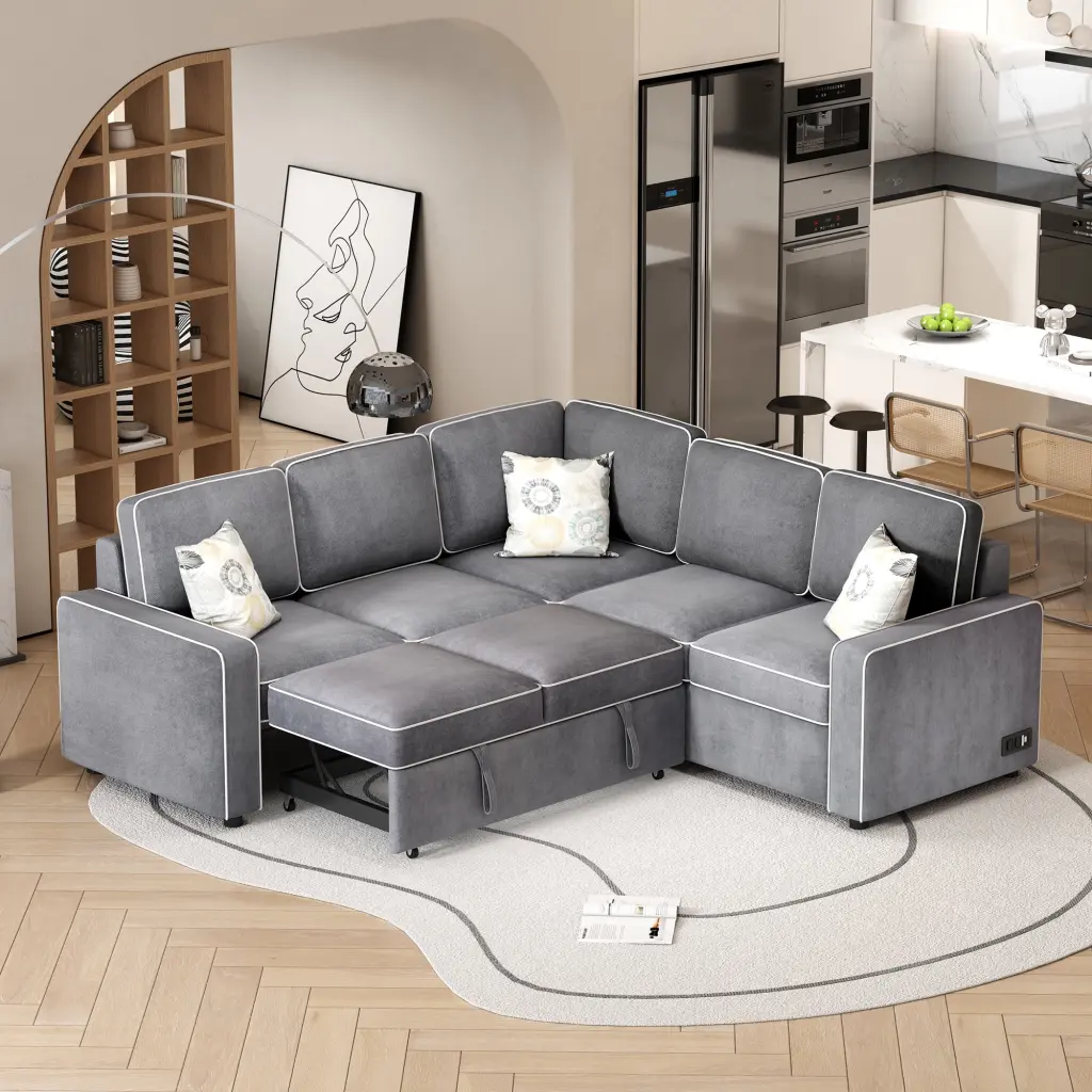 83 L-Shaped Pull Out Sofa Bed Modern Convertible Sleeper Sofa USB Ports and Power Sockets - Gray Ghislaine