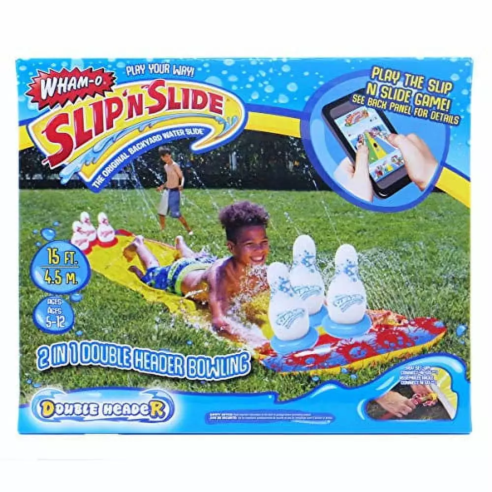 Wham-O Slip N Slide 2-1 Double Header Bowling Pins and Water Sprinkler System 15ft Long