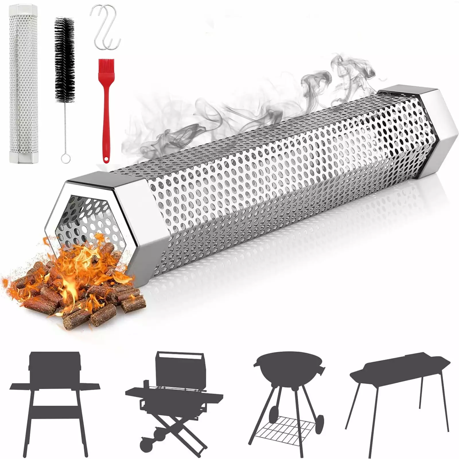 Tupukom 12 Inch 304 Stainless Steel Pipe BBQ Smoker Box Diamond Fruitwood Grill Tool