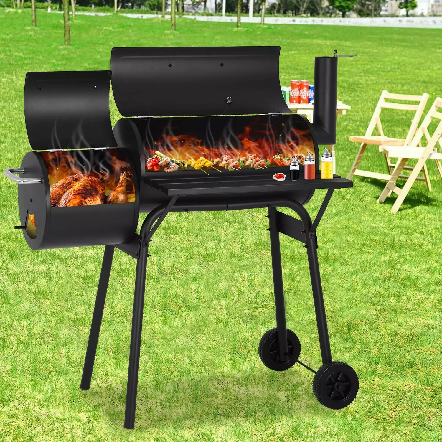 Charcoal Grills Outdoor BBQ Grill Camping Grill Stainless Steel Offset Smoker Cover Travel-friendly NiamVelo