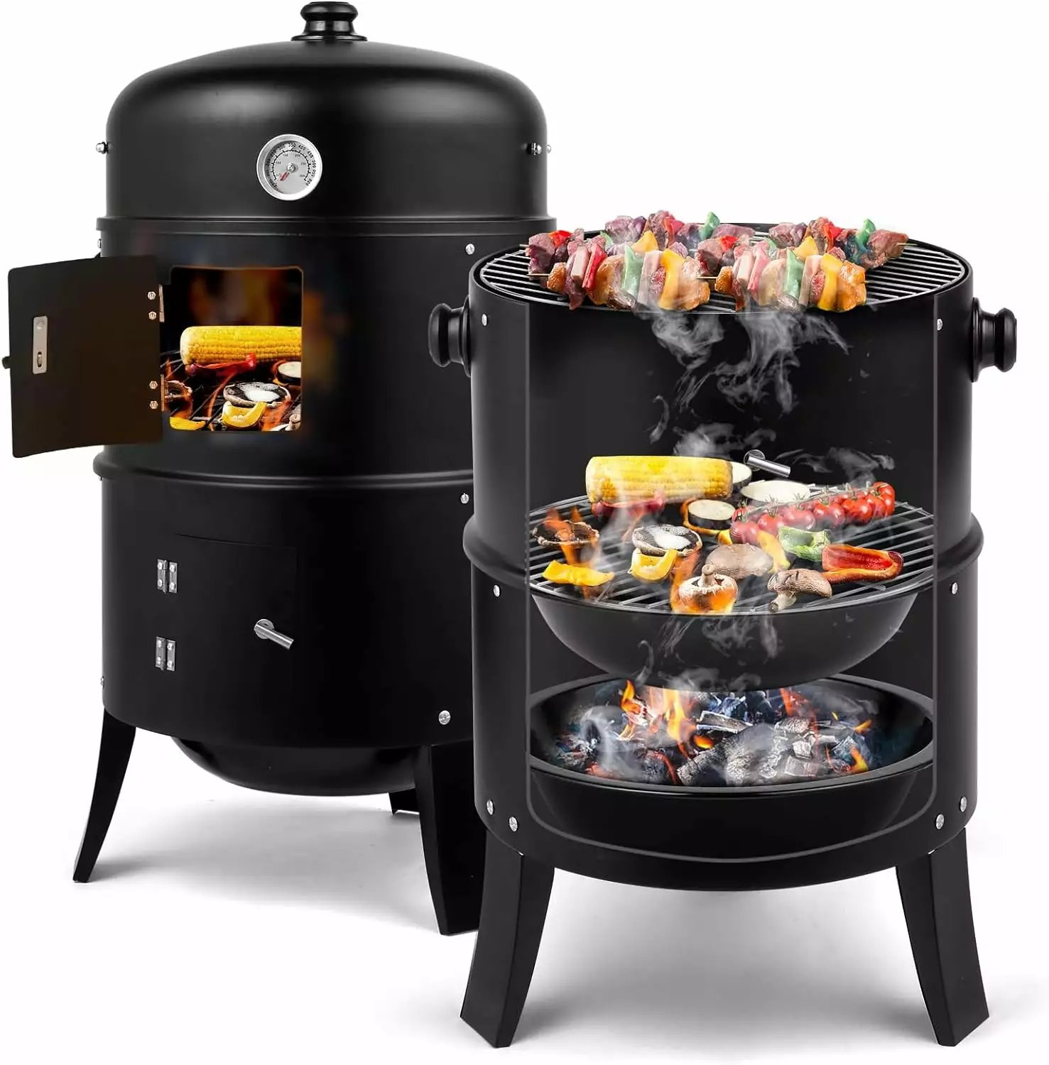 VINGLI 18 Inch Multi-Layer Charcoal BBQ Smoker Grill Heavy Duty Thermometer Outdoor