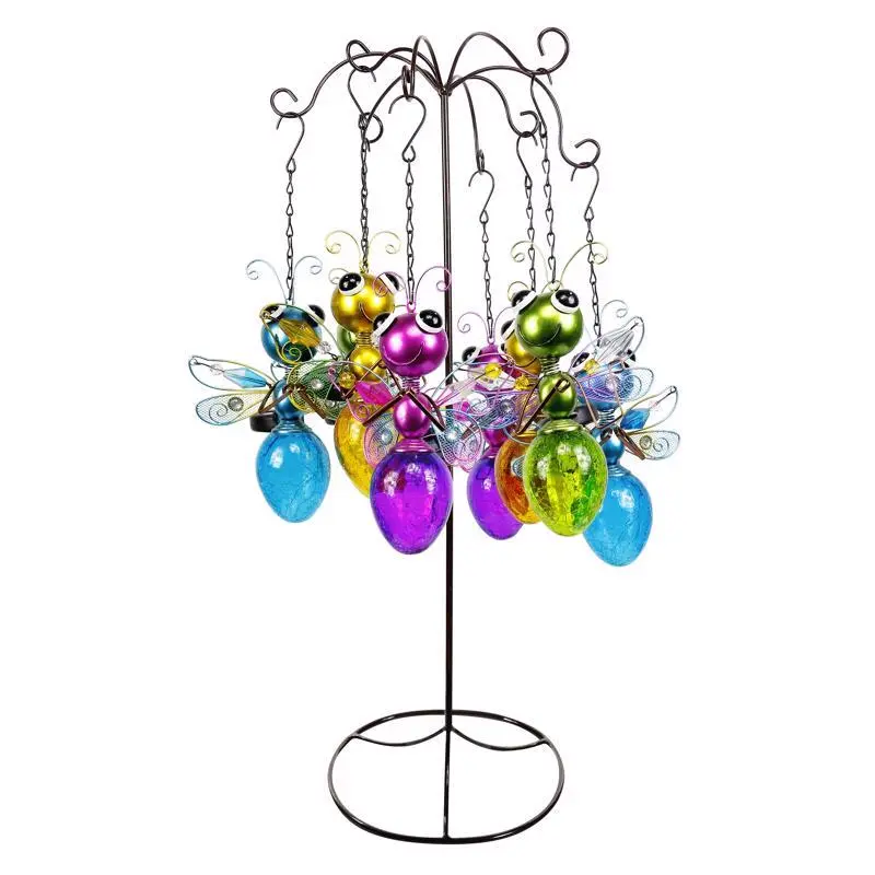 Alpine Corporation LJJ940A Solar Hanging Metal & Glass Firefly's Assorted Styles Pack 8