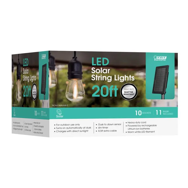 Feit Solar String Lights LED 20 ft 11 White Lights Outdoor Decor