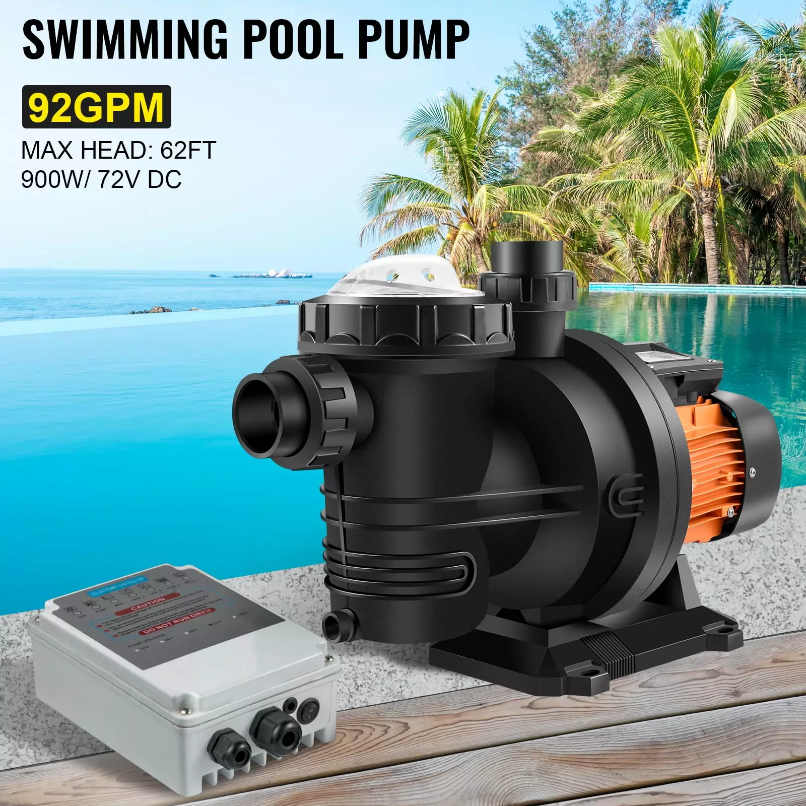 VEVOR Solar Swimming Pool Pump 72VDC 1200W 136GPM MPPT Controller Ground Pools 1200w