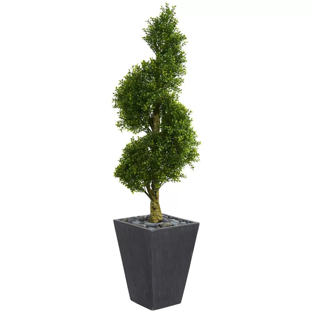 Nearly Natural 5 Foot Boxwood Spiral Topiary Artificial Tree Slate Planter Indoor Outdoor