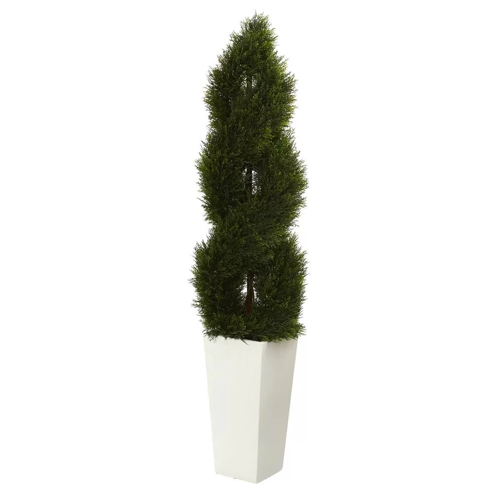 Nearly Natural 5.5 Foot Double Pond Cypress Spiral Topiary Artificial Tree White Tower Planter