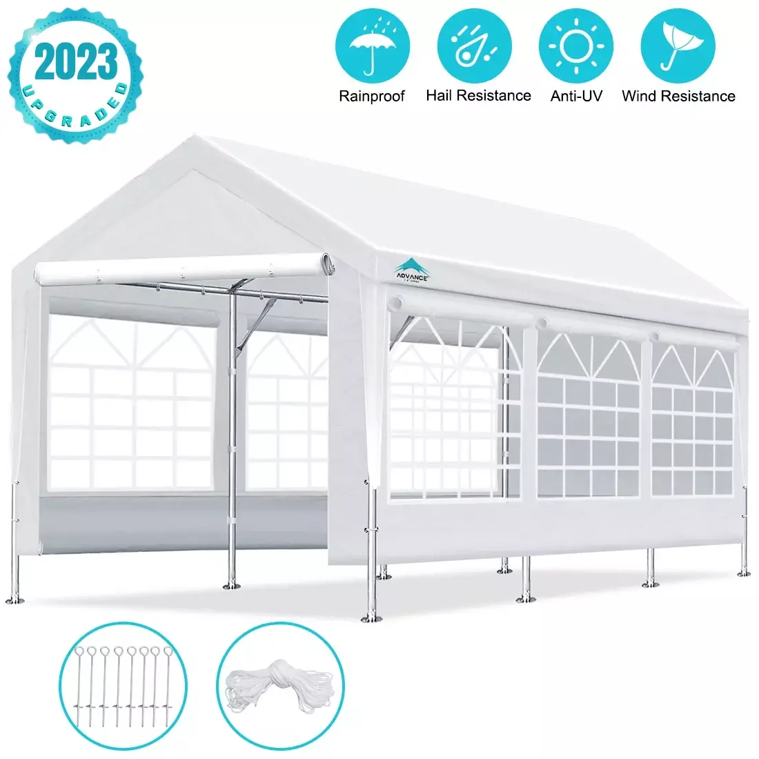 ADVANCE OUTDOOR 10x20 ft Heavy Duty Steel Carport Canopy - Adjustable Height 9.5-11ft Removable Sidewalls - White