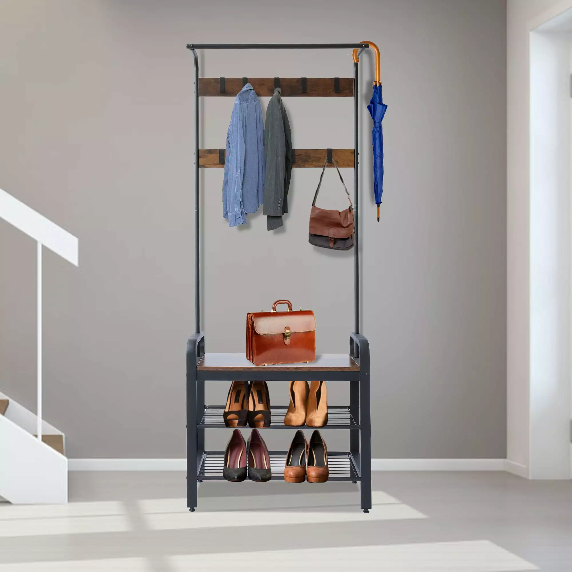 Shoe Bench Coat Rack Hanger 9 Hooks 3 Layer Storage Organization Entryway Rustic Wood Steel Benches CARSTY