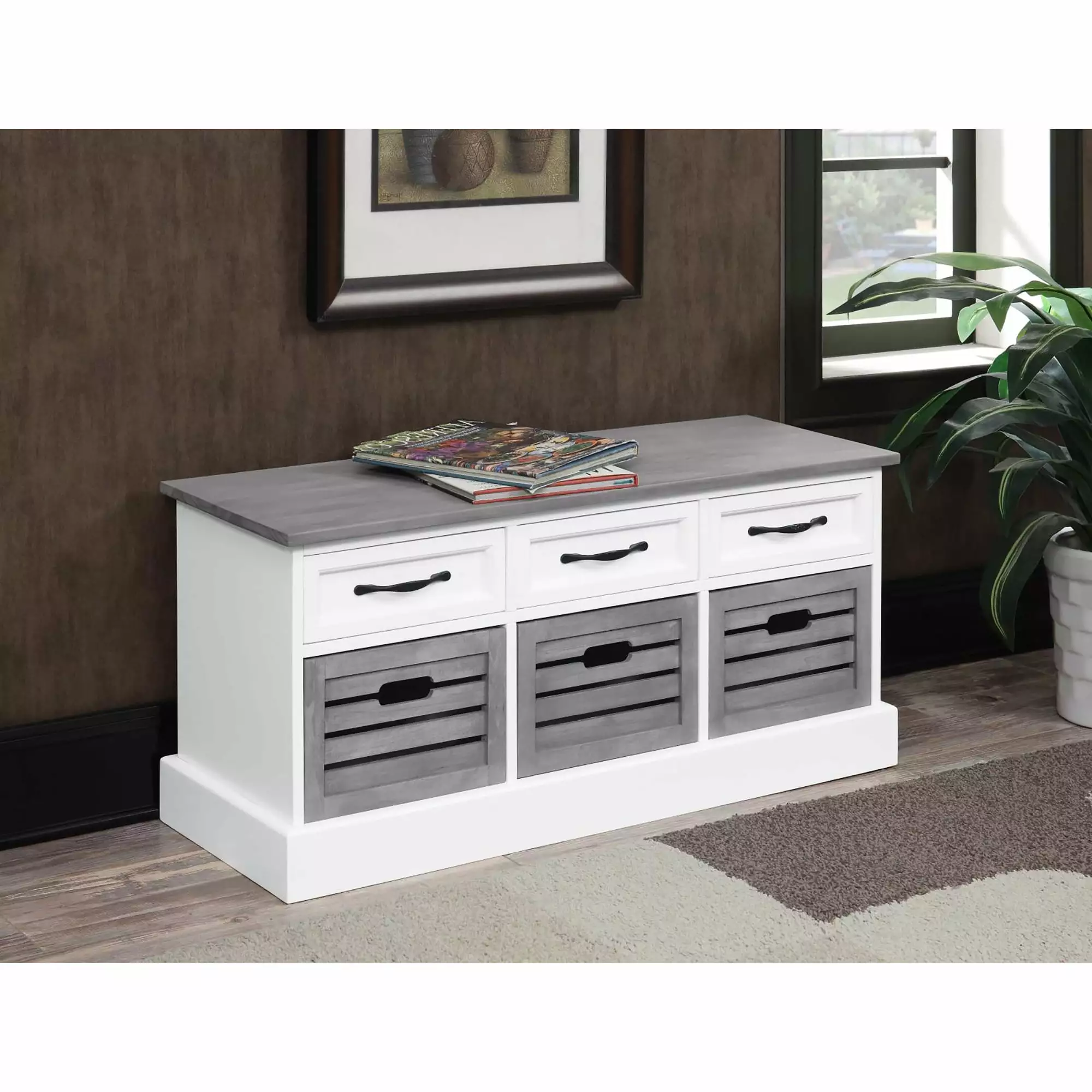 White and Weathered Grey 3-Drawer Storage Bench - Compact Entryway Bench Benches Ghislaine