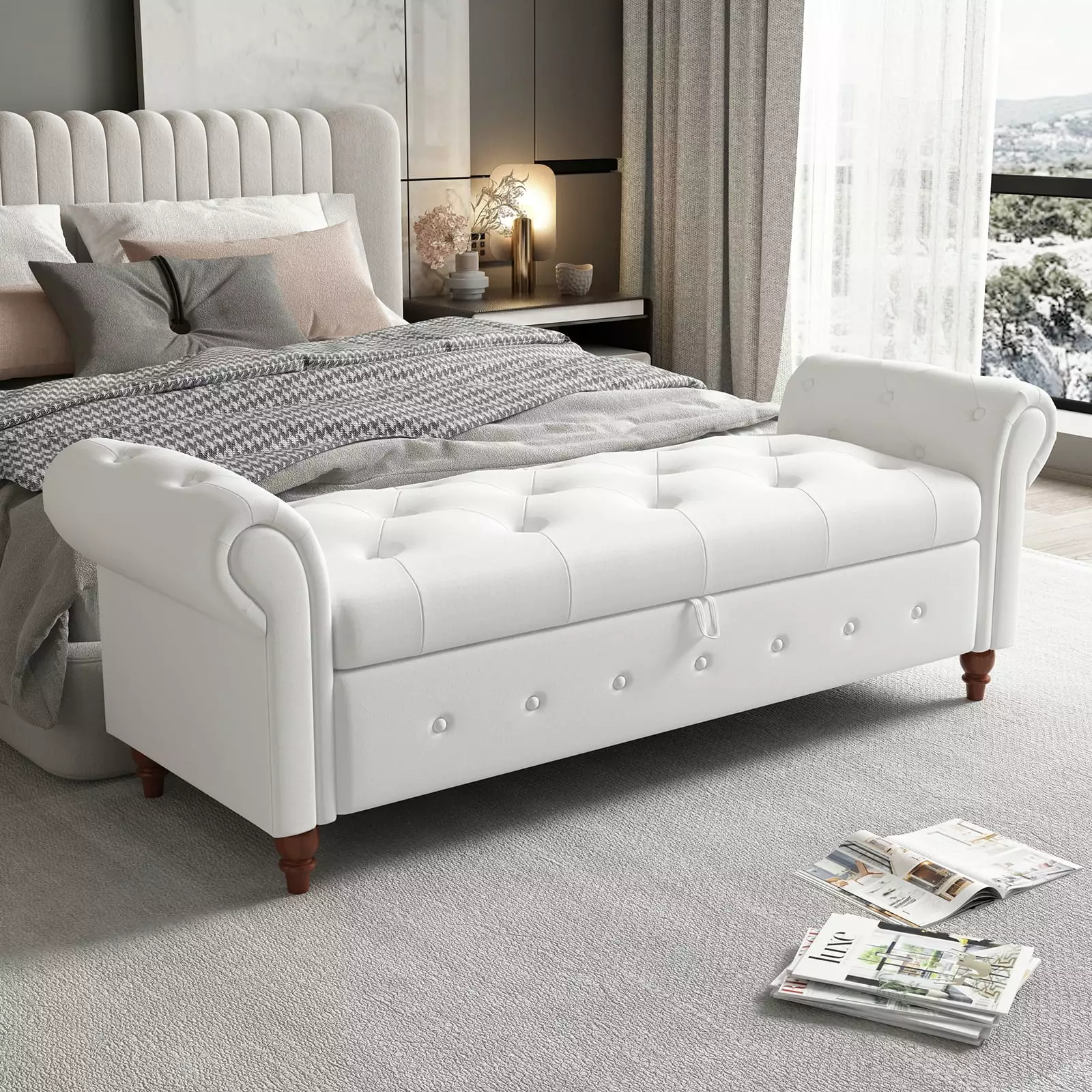 63 Tufted Storage Bench Bedroom End Bed Upholstered Ottoman Solid Wood Legs Linen Fabric White Ottomans LUCKHAO