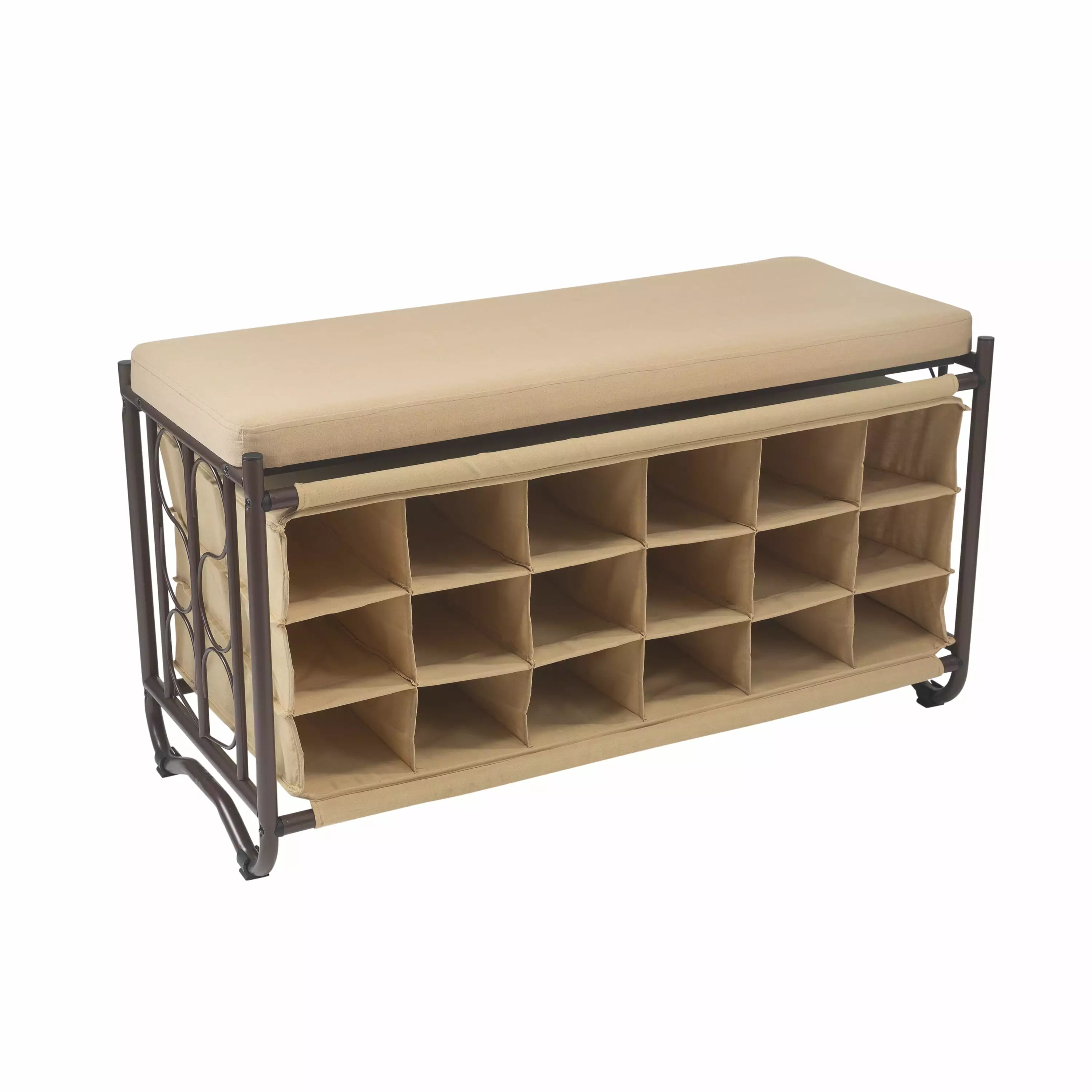 Organize It All 3 Tier 18 Pair Shoe Rack and Bench Tan Bronze Metal Frame Benches