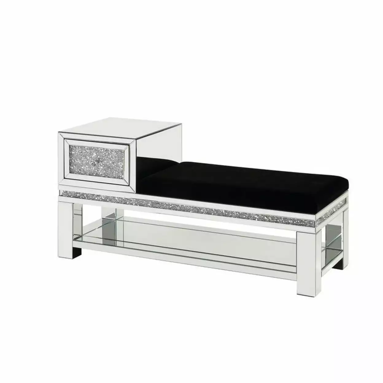 Mirrored Storage Bench Faux Diamonds and Open Shelf Silver - Saltoro Sherpi - Stylish Living Room Storage Benches