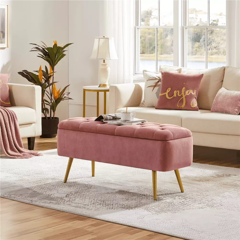 Smile Mart Modern Velvet Upholstered Storage Accent Bench Pink Benches