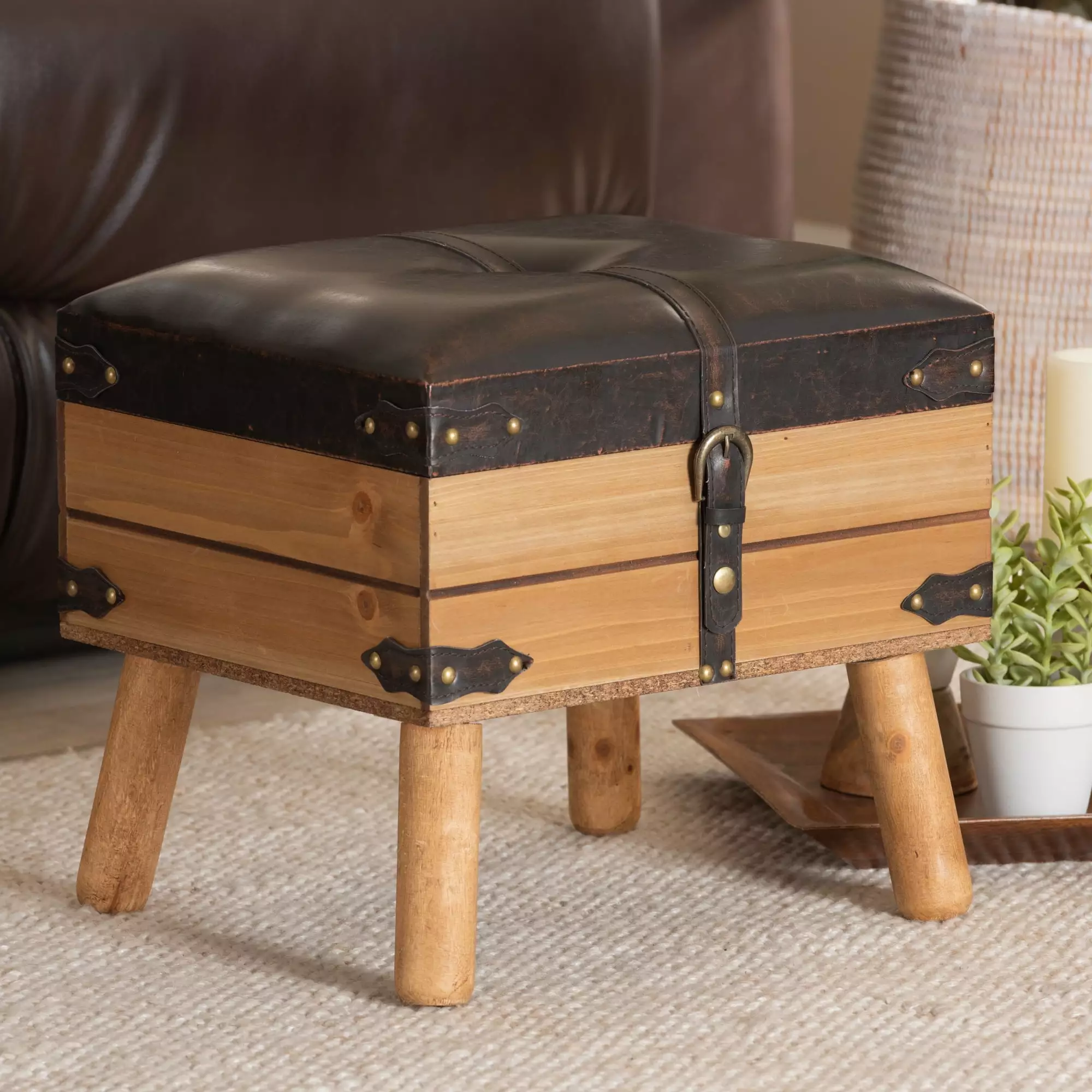 Baxton Studio Amena Rustic Dark Brown PU Leather Storage Ottoman Oak Wood Living Room Footrest Ottomans