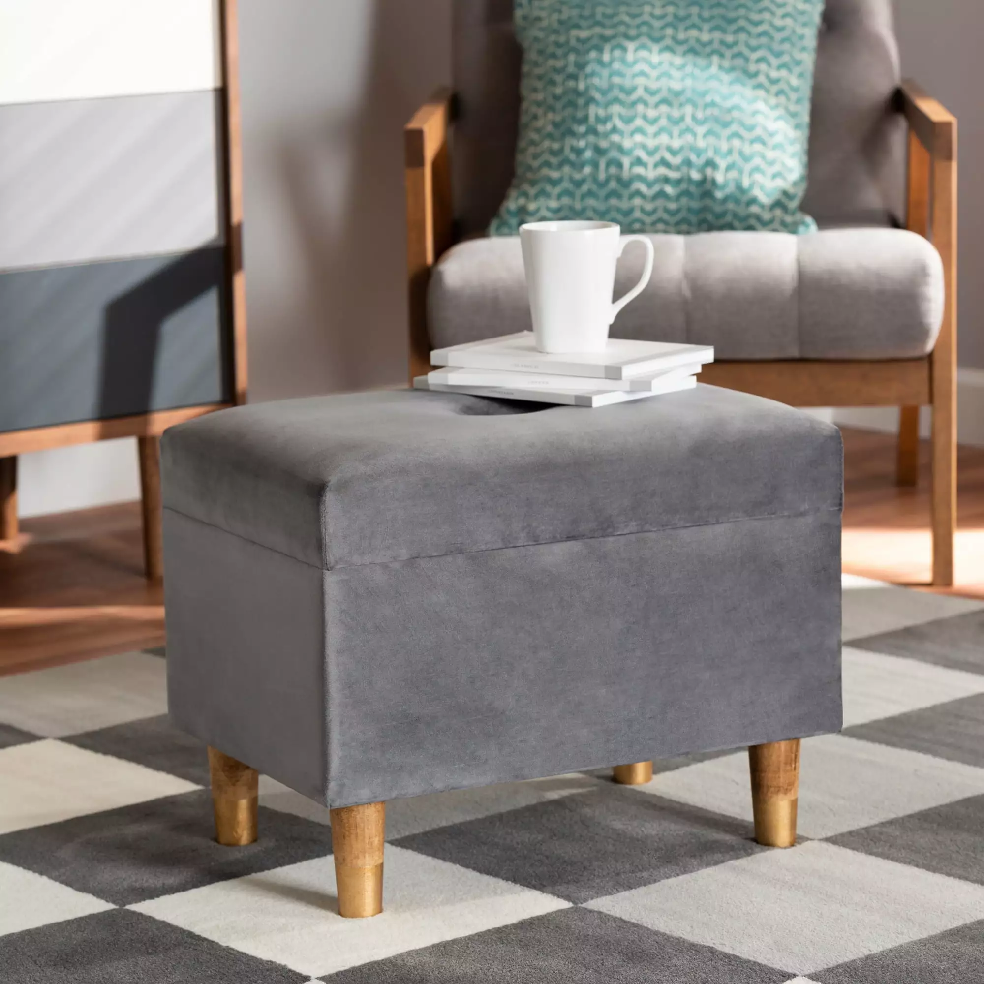Baxton Studio Elias Grey Velvet Storage Ottoman Oak Brown Wood Modern Living Room Furniture Ottomans