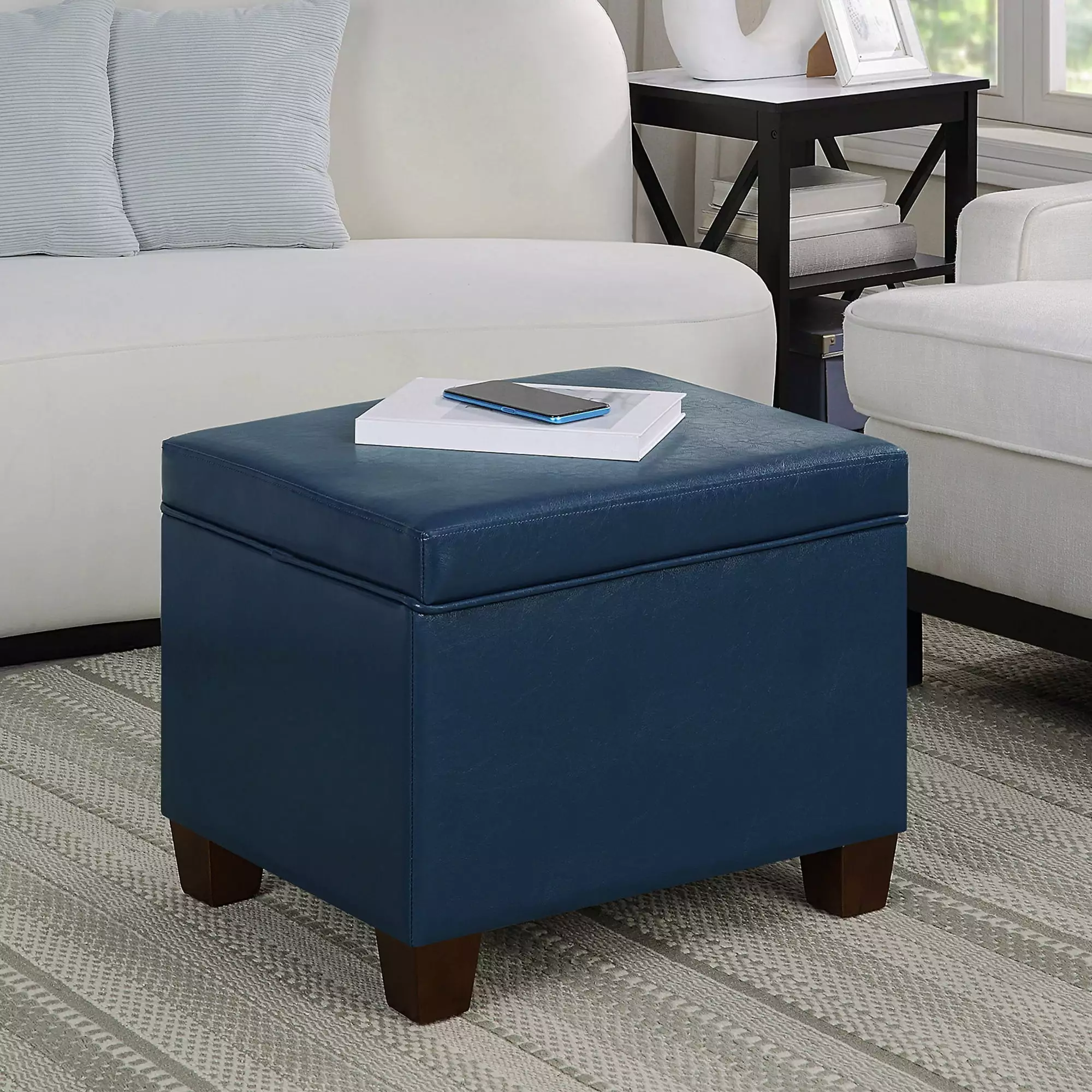 Convenience Concepts Madison Storage Ottoman Blue Faux Leather Compact Living Room Footrest Ottomans