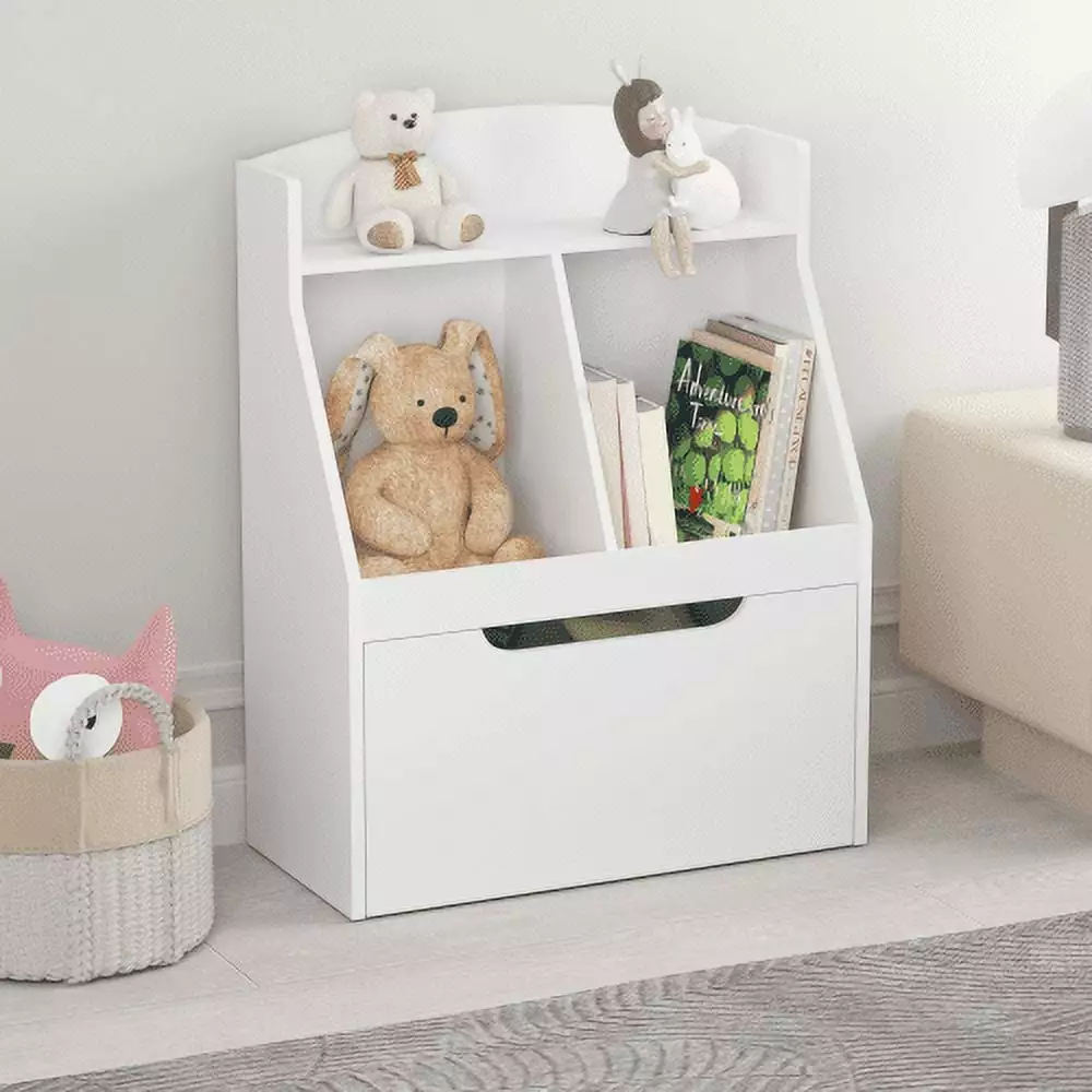 Kids Bookshelf Drawer and Wheels Wooden Toy Storage Cabinet Home School White Leumius