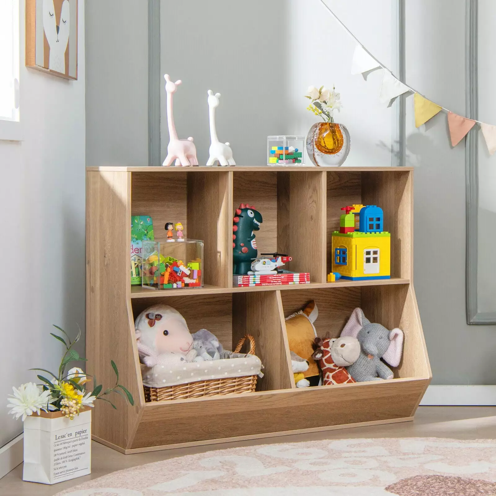 Vicamelia Wood Toys Arranger Kids 5-Cubby Children Bookshelf Toy Box Storage Natural