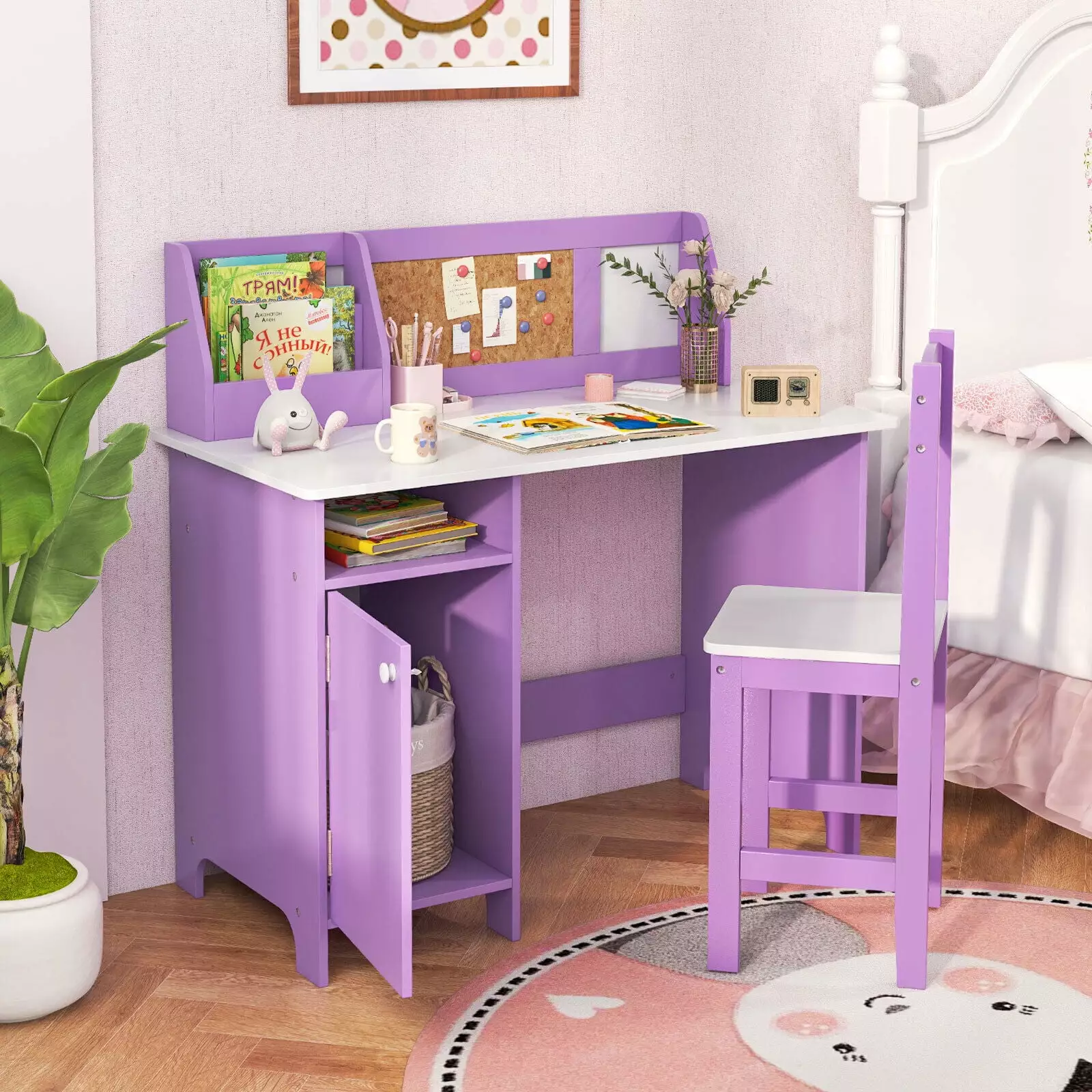 Laijoy Kids Table and Chair Set Children Study Table Chair Arts Crafts Homework Home School Student Writing Desk w/ Hutch