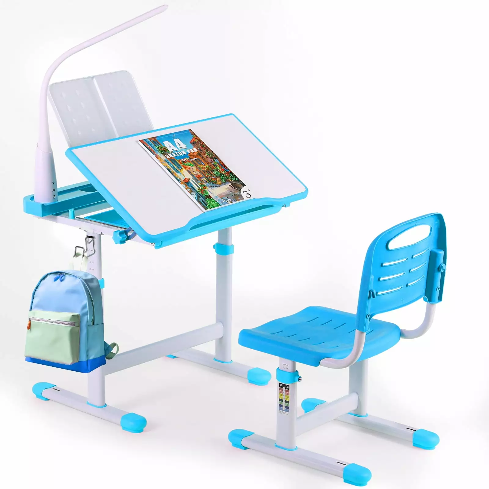 LAZY BUDDY Height Adjustable Kids Desk and Chair Set LED Lamp Blue lazyBuddy