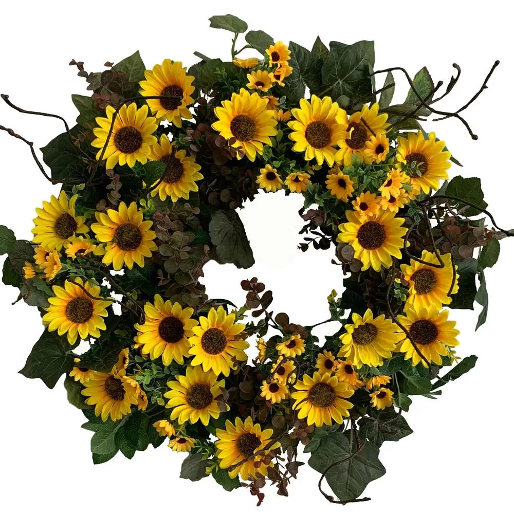 Glitzhome 24 Inch Unlit Green Artificial Wreath Golden Yellow Sunflowers