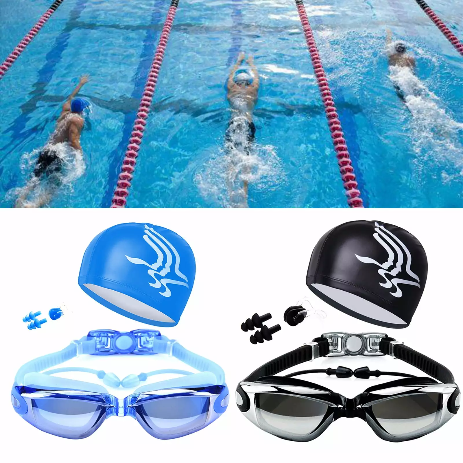 Hesroicy Swim Goggles Hat Ear Plug Nose Clip Suit Waterproof Swim Glasses Anti-fog