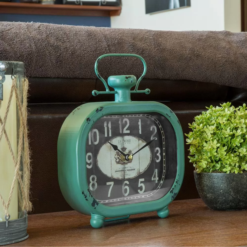 La Crosse Technology Distressed Teal Metal Decorative Table Clock