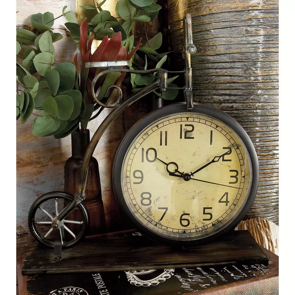 LITTON LANE 13 Inch Vintage-Style Bicycle Table Clock Brown and Tan