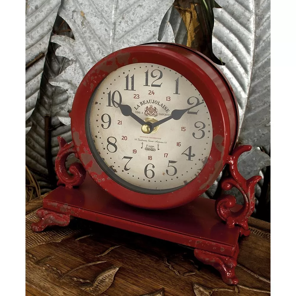 LITTON LANE Set 2 Round Burgundy Red and Mint Green Table Clocks on Scrollwork Base