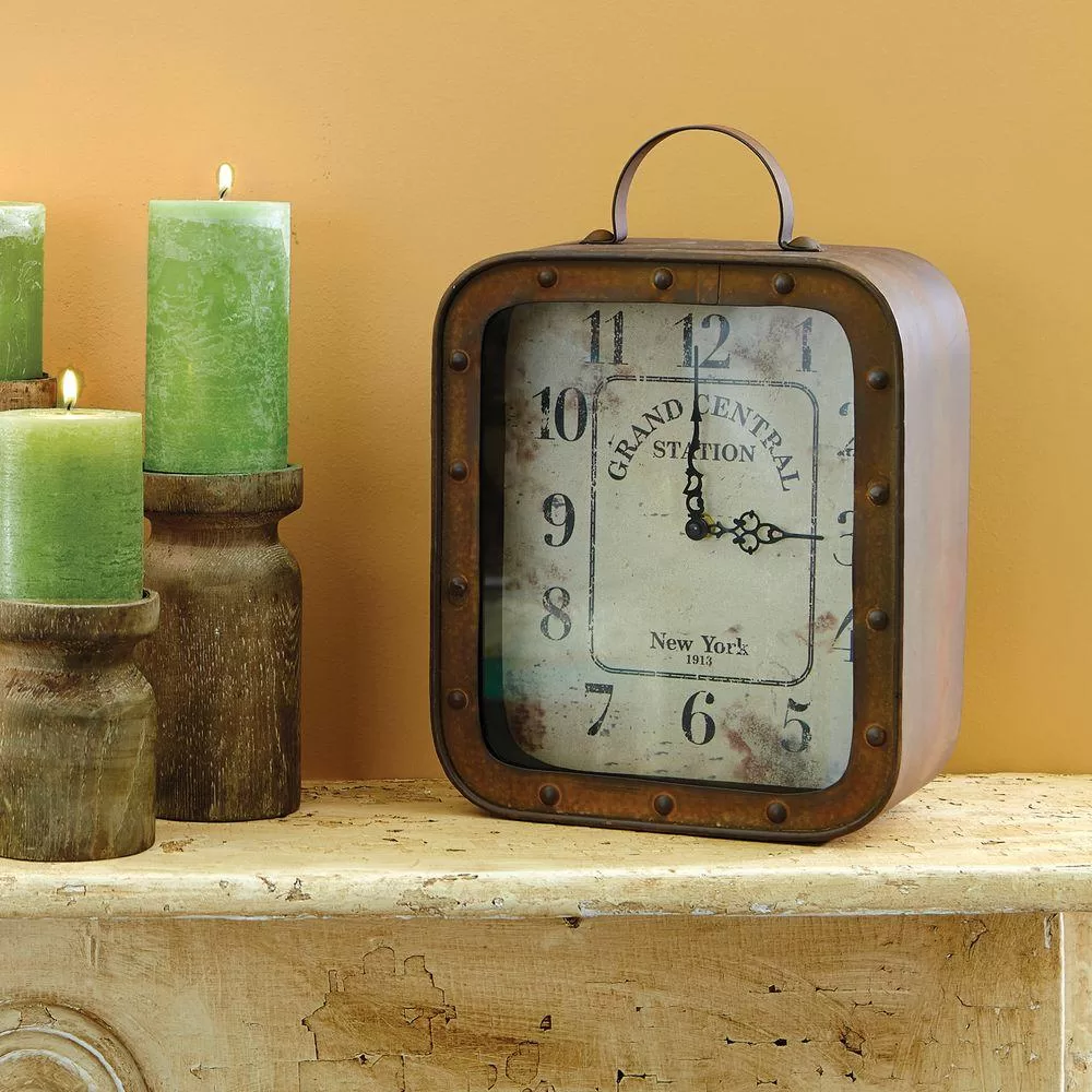 Stonebriar Collection 14 Inch Metal and Glass Square Rustic Tabletop Clock