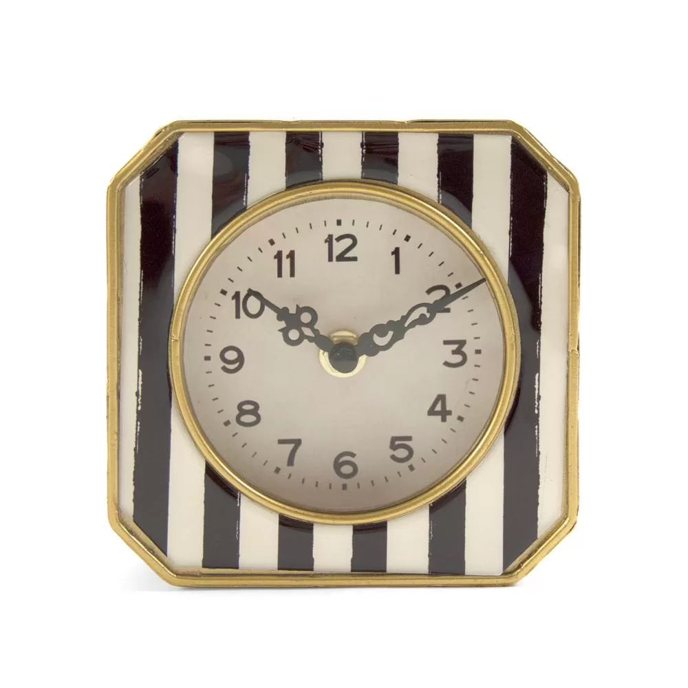 Zentique Black and White Striped Gold Trimmed Square Table Clock