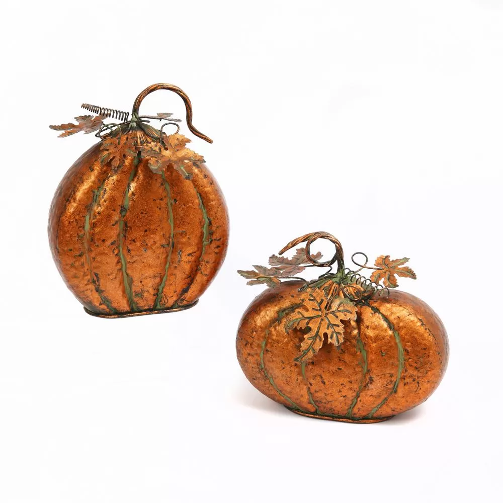 Gerson Assorted 11.75 Inch Iron Harvest Tabletop Pumpkins Leaf Set 2